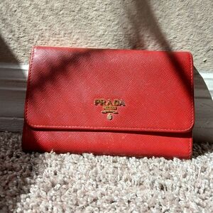 PRADA Red Saffiano Leather Trifold Continental Wallet